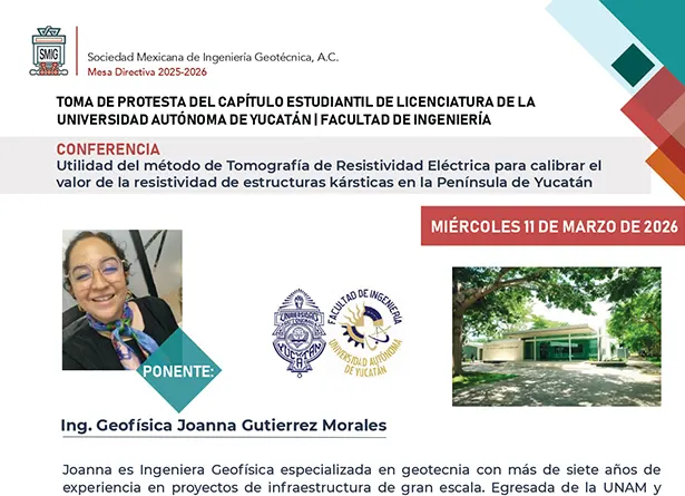 Conferencia Utilidad del método de Tomografía de Resistividad Eléctrica para calibrar el valor de la resistividad de estructuras kársticas en la Península de Yucatán, Eventos, SMIG